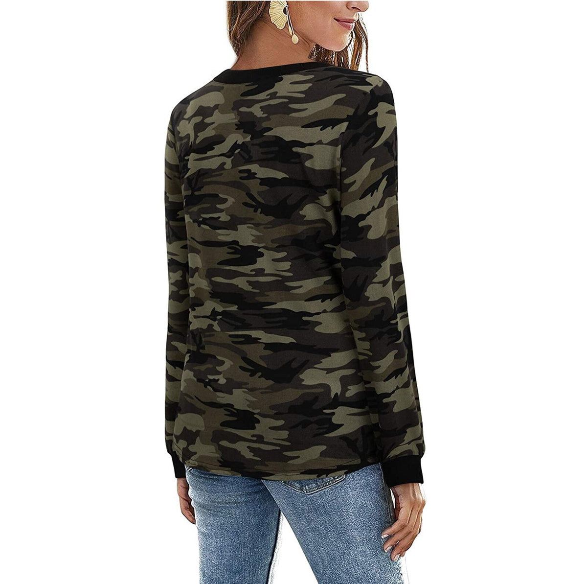 Fashion Woman Tshirts Camouflage Print Grain V-Neck T Shirt Button Causal Long Sleeve Ladies Tops Loose Mujer Camisetas