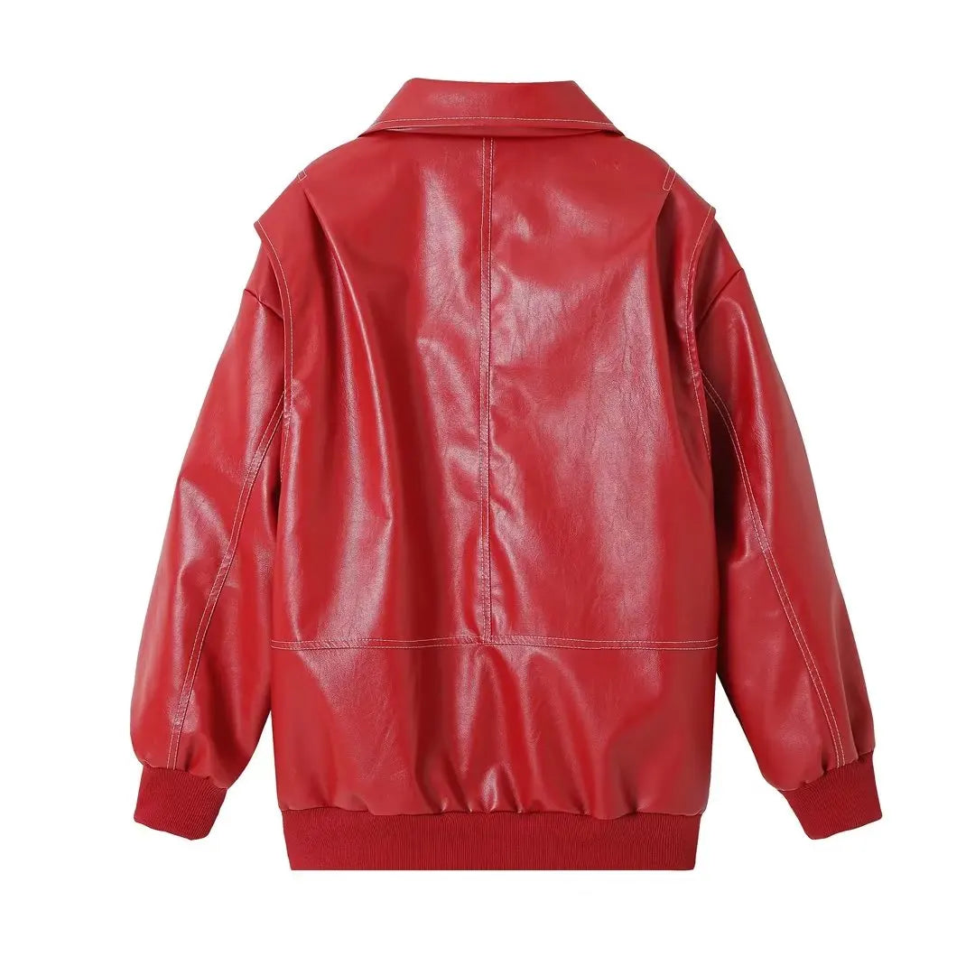 Faux Leather Bomber Jackets For Women Zipper Oversize Jacket Woman Long Sleeve Autumn New Outerwear Streetwear Winter Coat