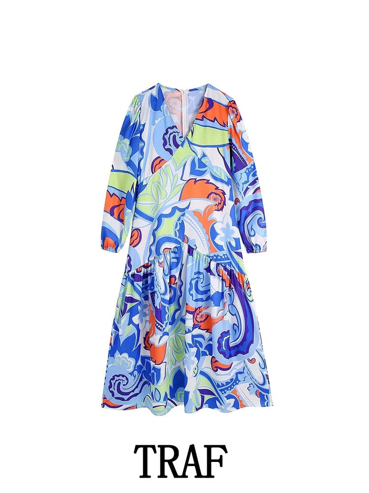 Women Printed  Shirt Dress Vintage Mini Dress Woman Long Sleeve Short Summer Dresses V-Neck Casual Dresses
