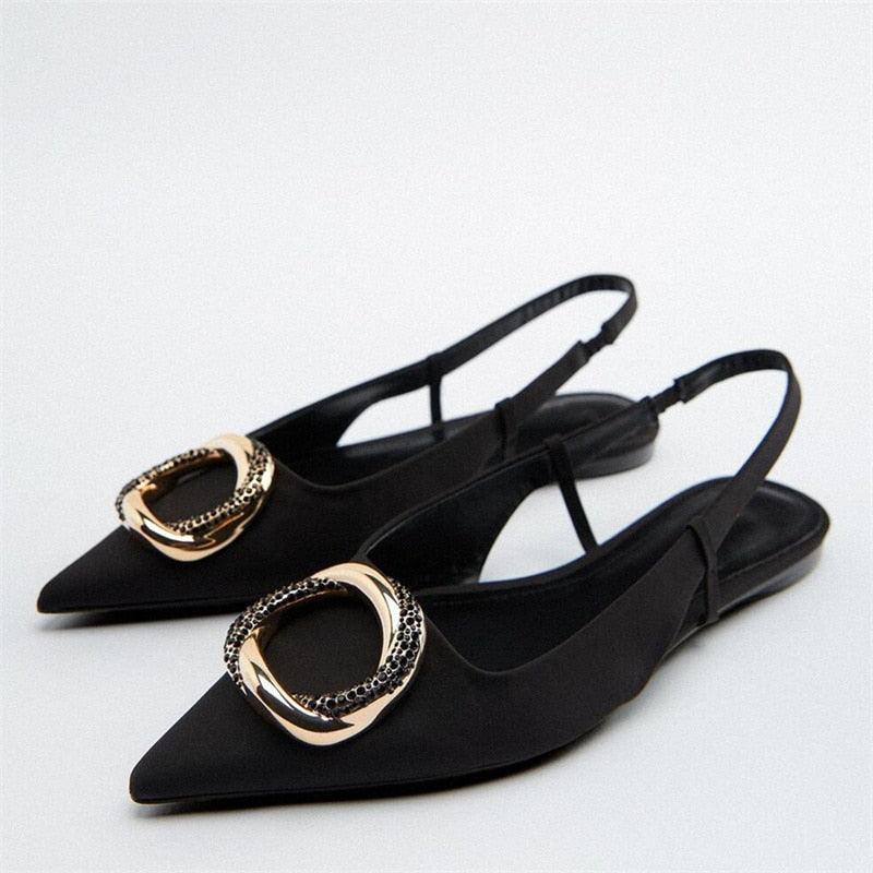 New Woman Gold Bling Flat Shoes Vintage Black Back Elastic Straps Single Shoes Fashion Slingbacks Female Single Shoes