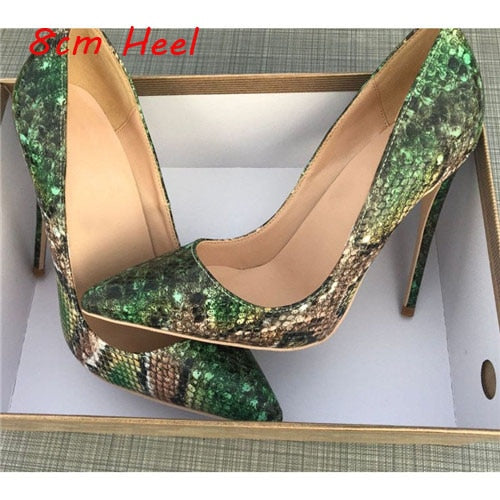 Green Snake Pattern Woman Shoes Girls Sexy High Heels Printed Multi Colors Stilettos 12cm Wedding Shoes YG032 ROVICIYA
