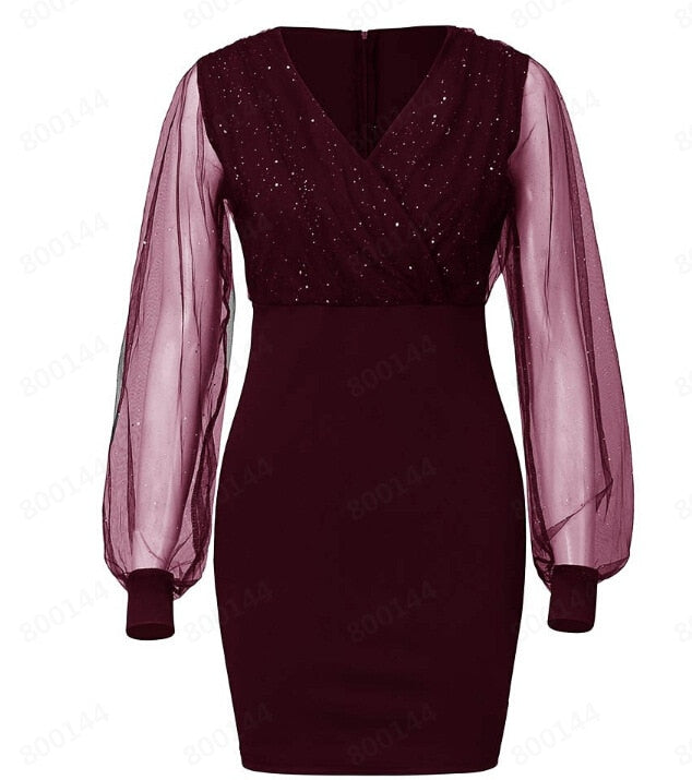 Sexy Women's Dress V-Neck  Long Sleeve Mini Chiffon Dress V  Neck Elegant Purple Woman Dresses Casual Lace Vestido