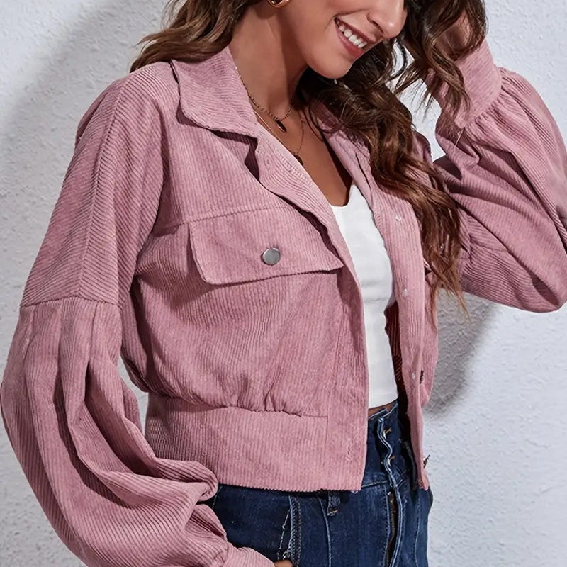 Corduroy Crop Jacket with Lantern Sleeves and Plaid