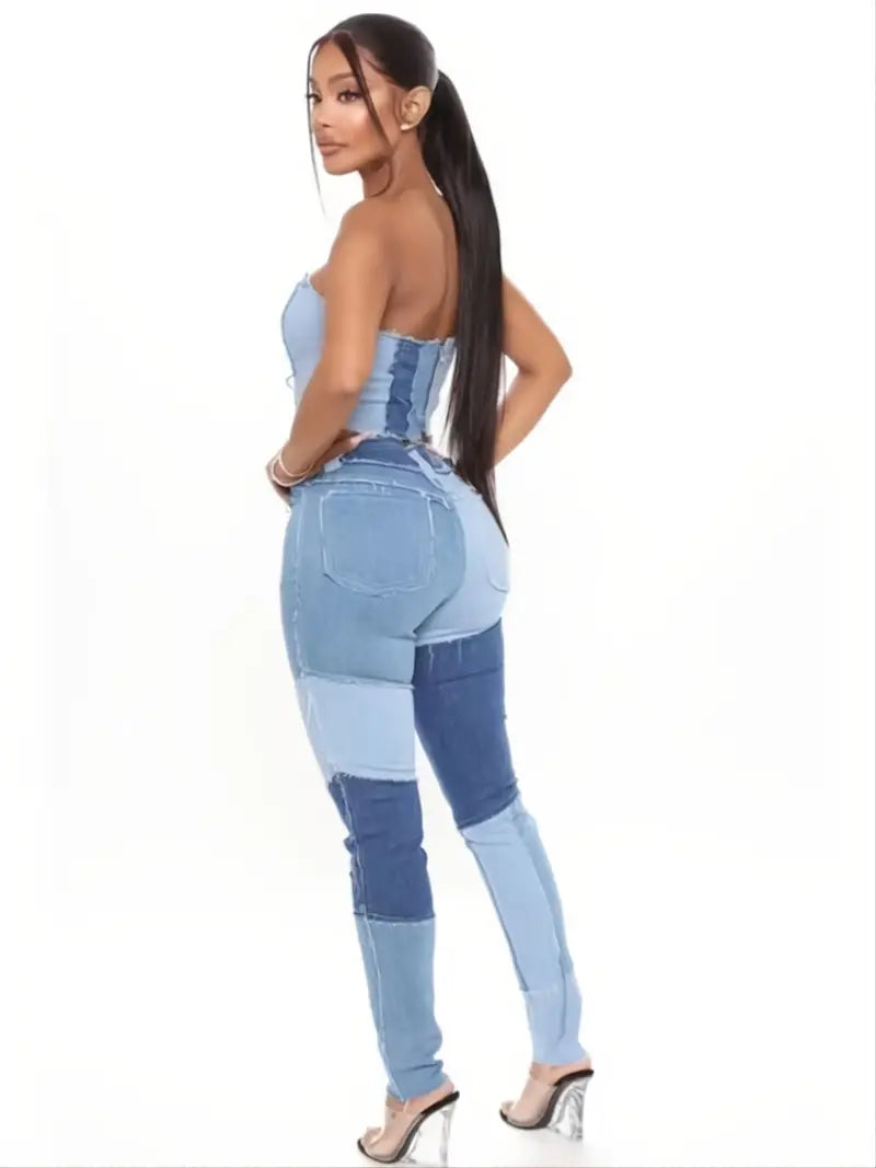 High Rise Patchwork Skinny Jeans with Slash Pockets