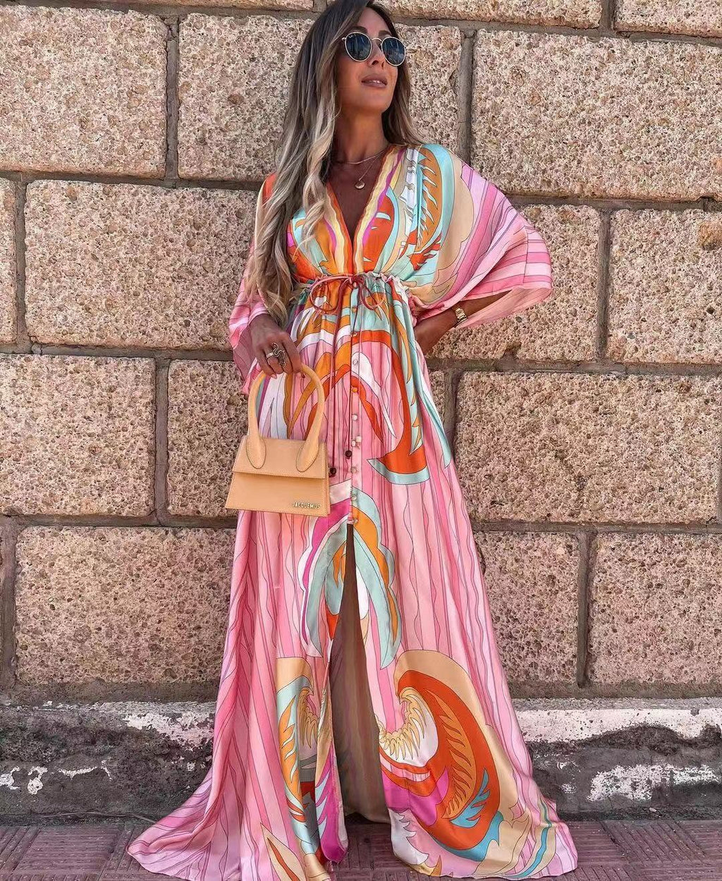 V-Neck Short Sleeve Printed Long Dress for Women