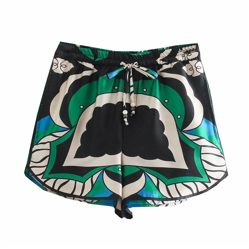 TRAF Za Bermuda Shorts Woman Summer  Green Print High Waist Short Pants Women Vintage Loose Casual Streetwear Shorts Sets