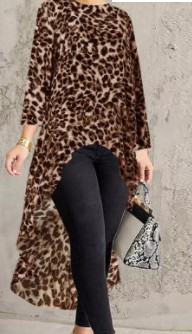 Leopard Print Long Sleeve Irregular Dress for Women