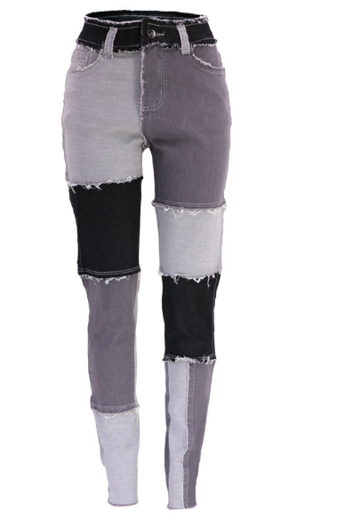 High Rise Patchwork Skinny Jeans with Slash Pockets