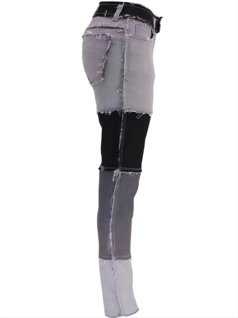 High Rise Patchwork Skinny Jeans with Slash Pockets