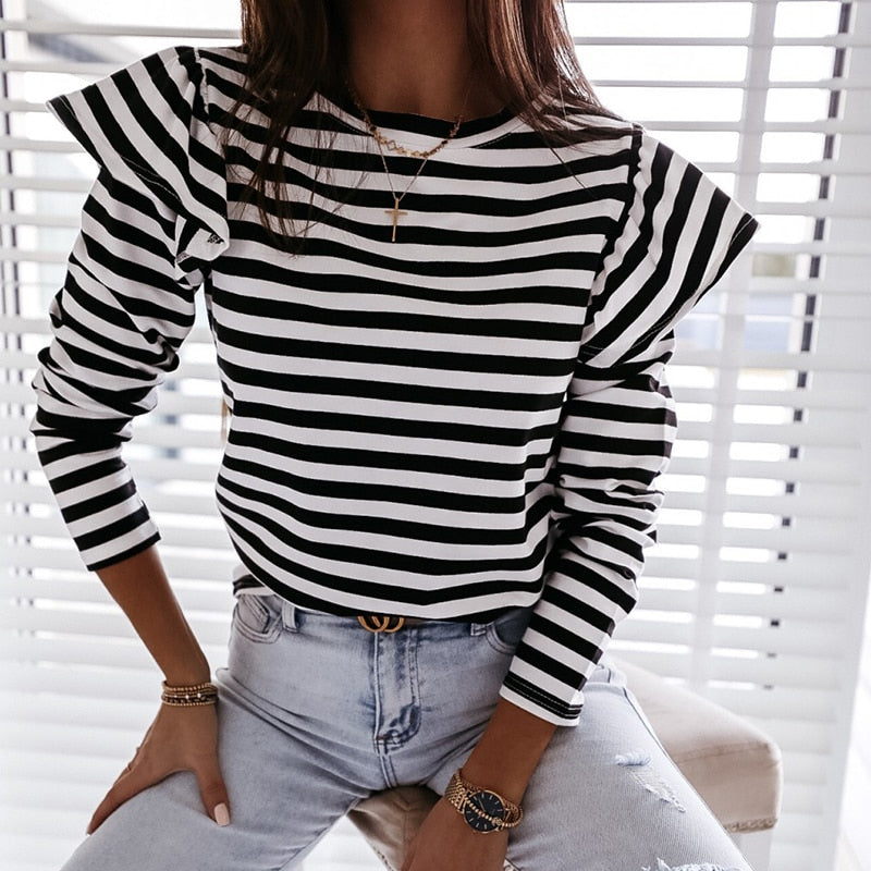 Women Blouse Shirt Striped Ruffle Long Sleeve Tops Women Casual Feminine Tee Fashion Woman Blouses O Neck Top Female