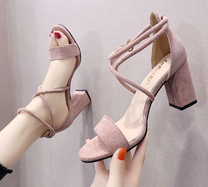 Chunky Heel Suede Open-Toe Sandals with Strap