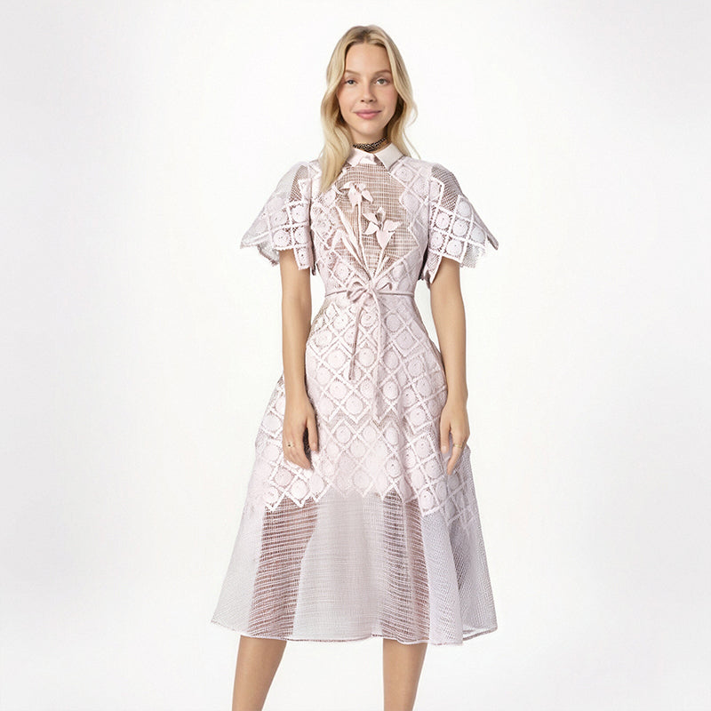 Evening Dresses Polo Collar Short Sleeve Embroidery Hollow Out Midi Dresses Retro Style High Waist Elegant Party Dresses Woman