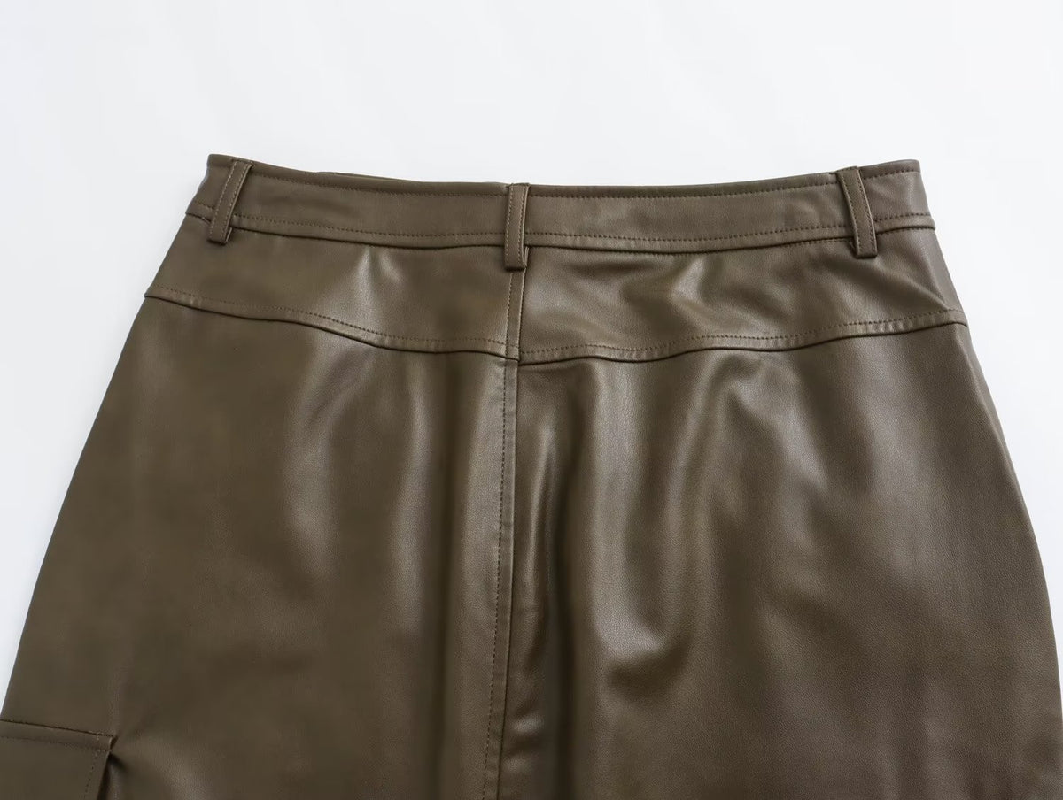Faux Leather Midi Skirt Women High Waist Long Skirts for Women Autumn Slit Plush Women's Skirt Streetwear Basic Woman Skirt