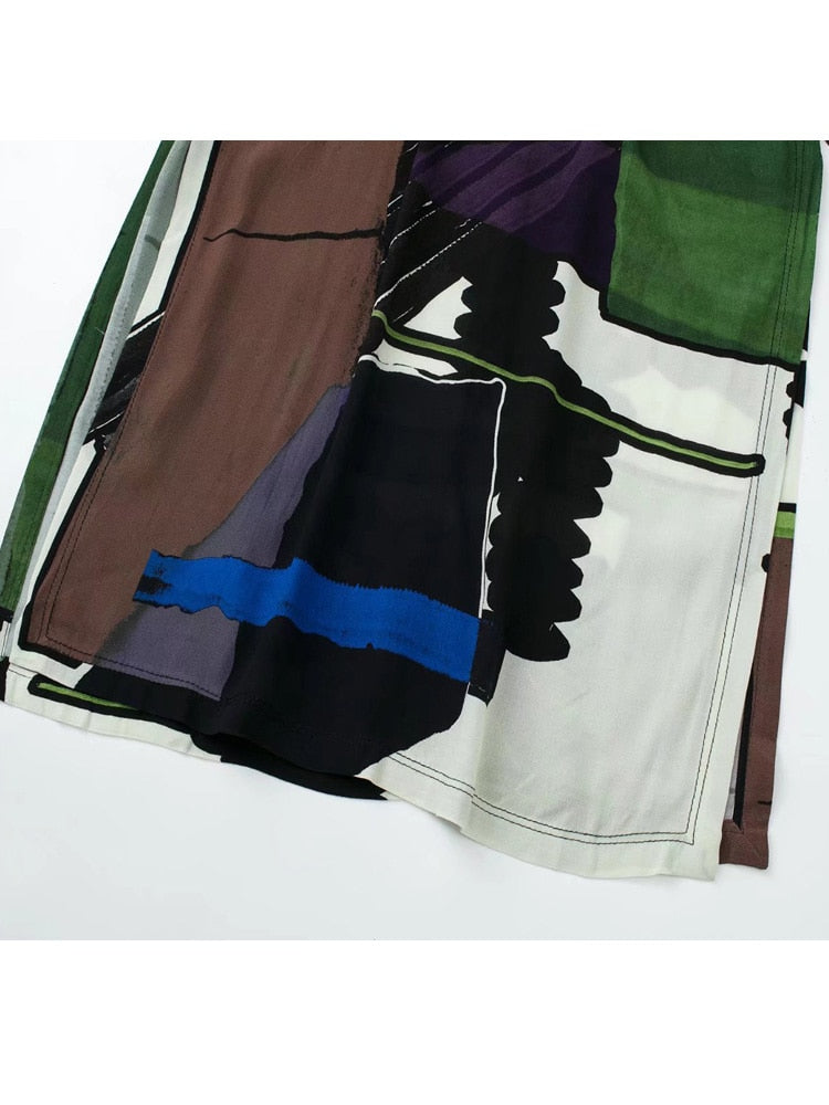 TRAF Green Print Long Dress Woman Summer Casual Maxi Dresses for Women Long Sleeve Beach Female Dress Trend Blet Sundress Women