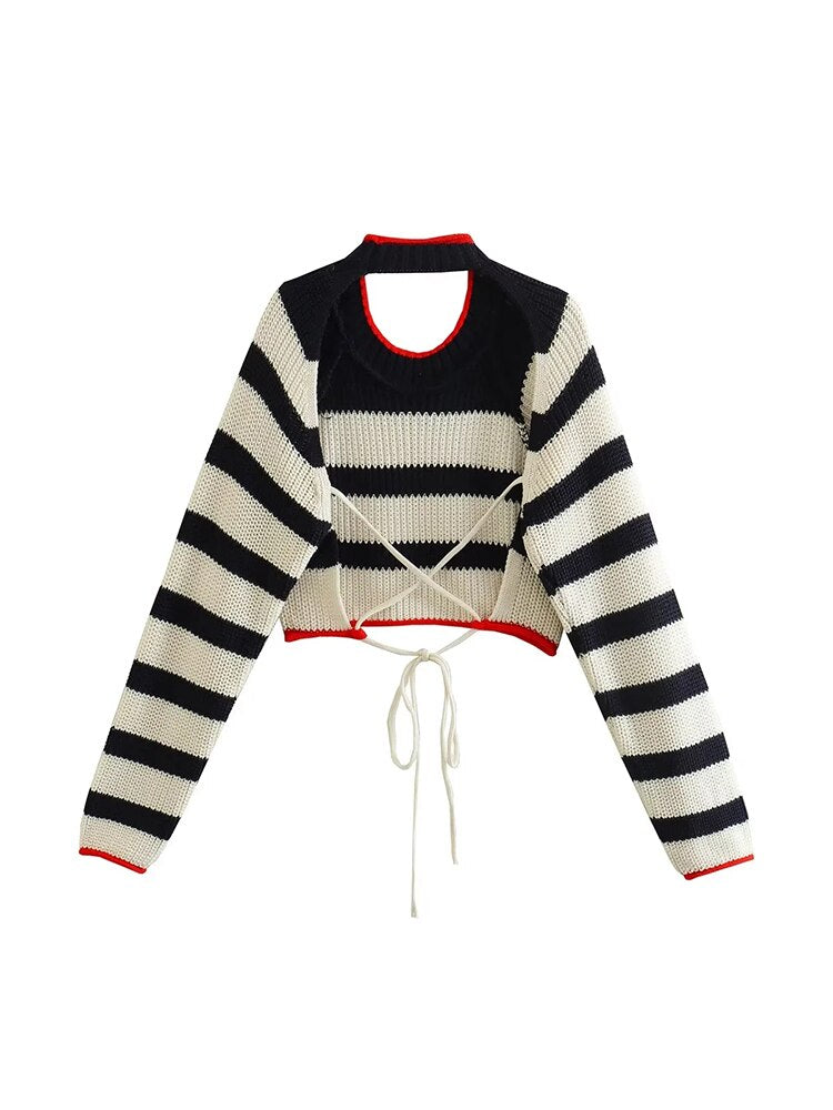 TRAF Woman Knitted Sweater Fashion Stripe Backless Long Sleeve O-neck Pullover Female Sweaters Chic Tops