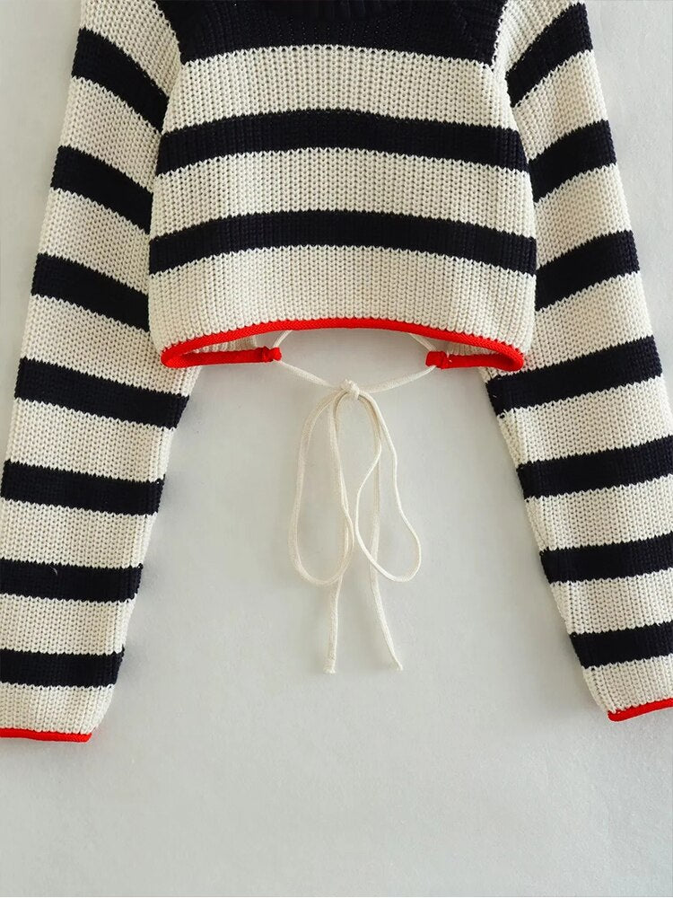 TRAF Woman Knitted Sweater Fashion Stripe Backless Long Sleeve O-neck Pullover Female Sweaters Chic Tops