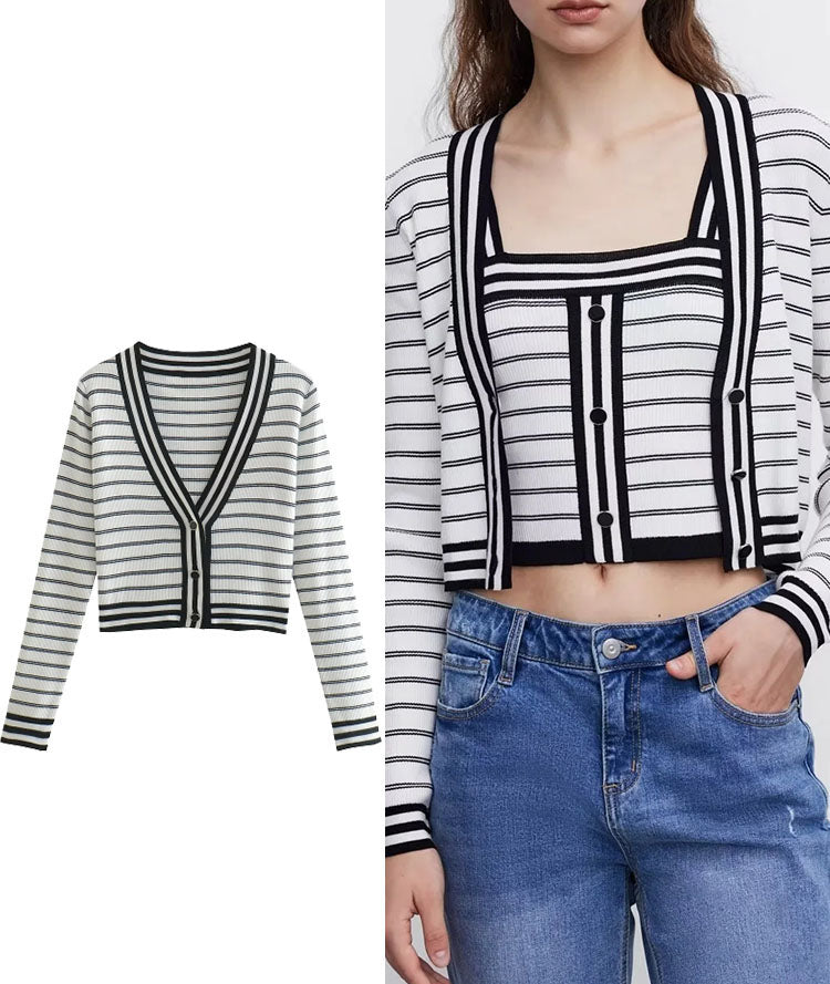 Woman Knitted Cardigan Autumn Sweater Stripe Knitted Casual Long Sleeve Cardigans Coat Button Up Vintage Tops