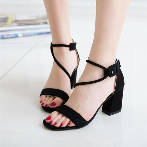 Chunky Heel Suede Open-Toe Sandals with Strap