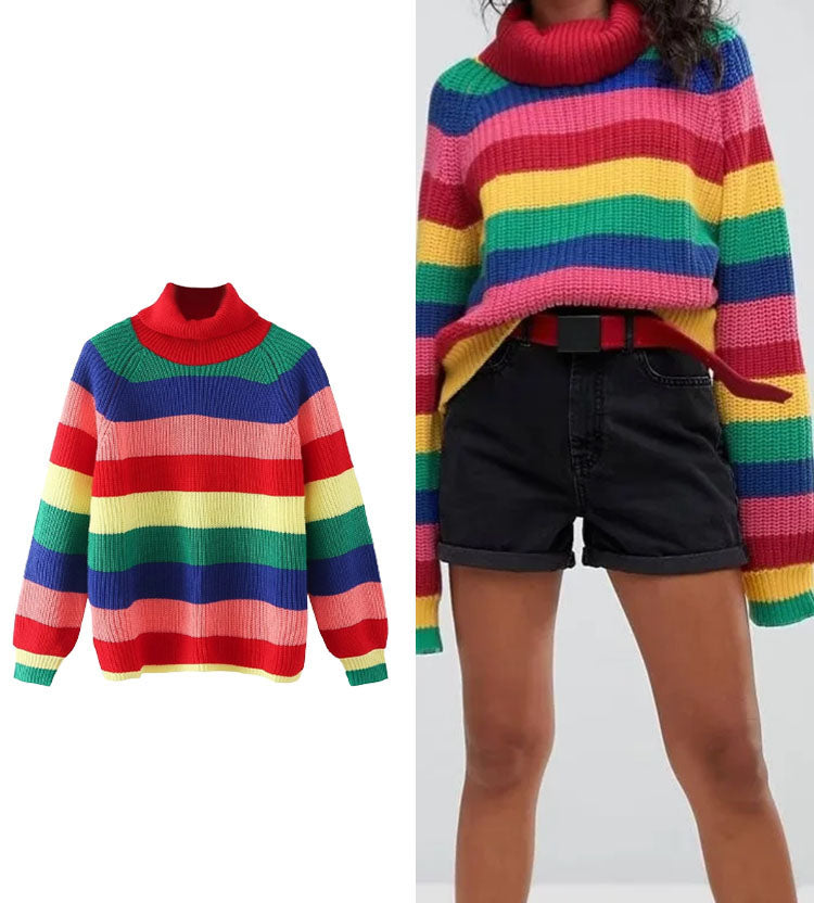 Woman Rainbow Stripe Knitted Sweater Women Autumn High Collar Sweater Causal Fashion Long Sleeve Pullovers