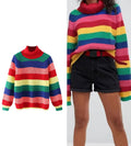Woman Rainbow Stripe Knitted Sweater Women Autumn High Collar Sweater Causal Fashion Long Sleeve Pullovers
