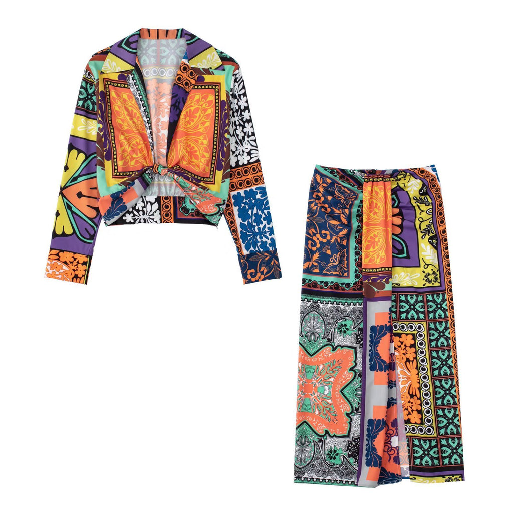 Women 2 Pieces Set Fashion Ethnic Printed Knotted Top + Vintage Long Skirt Summer Woman Outfit Dress Sets