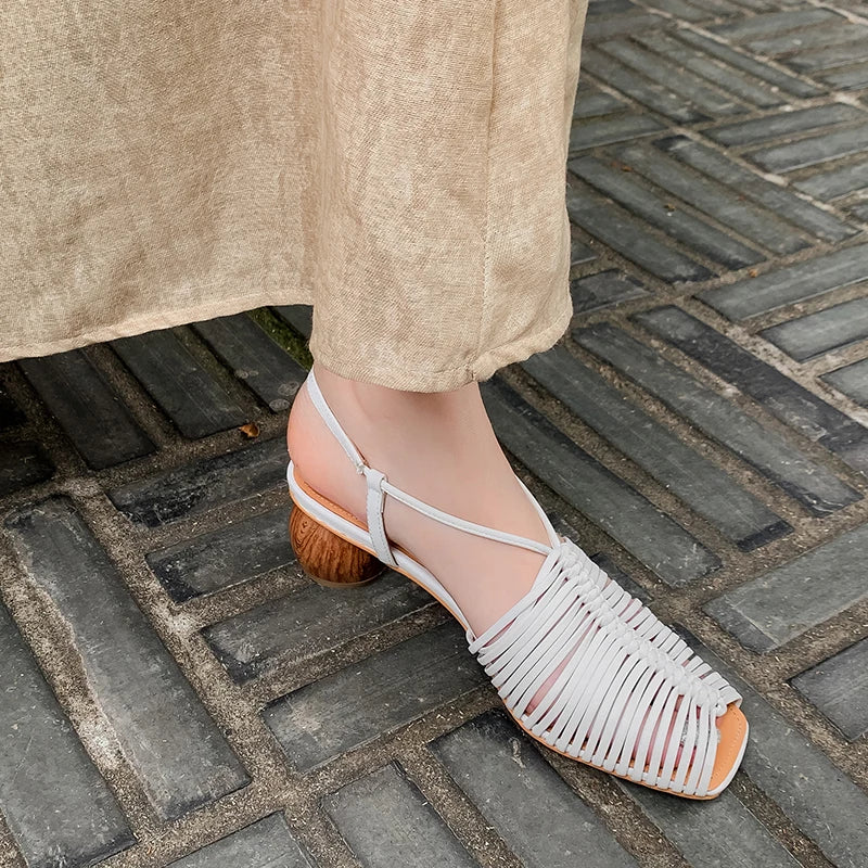 Women Sandals Sweet High Heels Fashion Genuine Leather Ankle Strap Narrow Band Office Party Shoes Woman  New Women Sandals