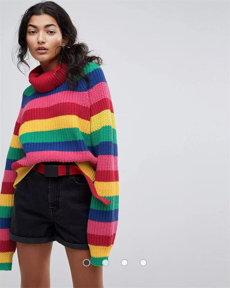 Woman Rainbow Stripe Knitted Sweater Women Autumn High Collar Sweater Causal Fashion Long Sleeve Pullovers