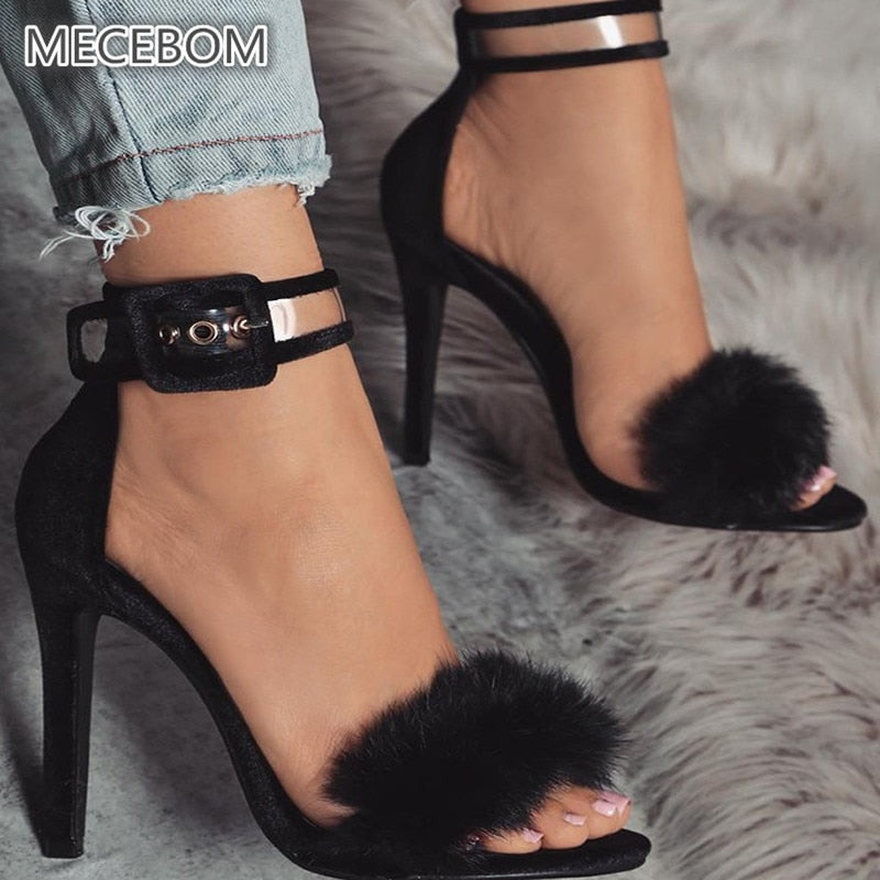 Women Pumps Snake Black High Thin Heels Ankle Strap Platform Faux Fluffy Rabbit Fur Woman Sandal Party Wedding Lady Shoes