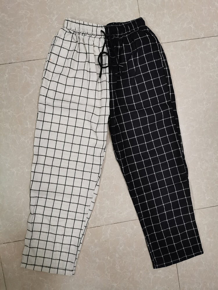 Fashion Vintage Plaid Patchwork Pants Harajuku Woman Man Trousers Elastics High Waist Pants Korean Causal Straight Pants