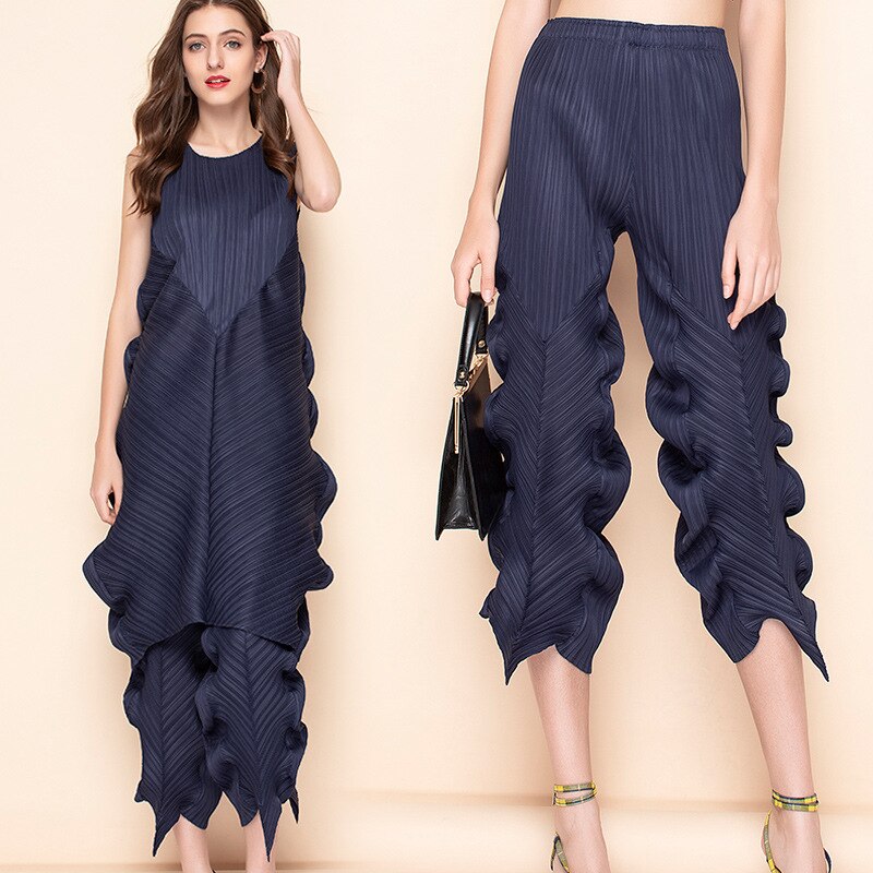 Woman Pleated Pants Straight High Waist Elastic Irregular Design Solid Wild Casual Style New Summer Fashion