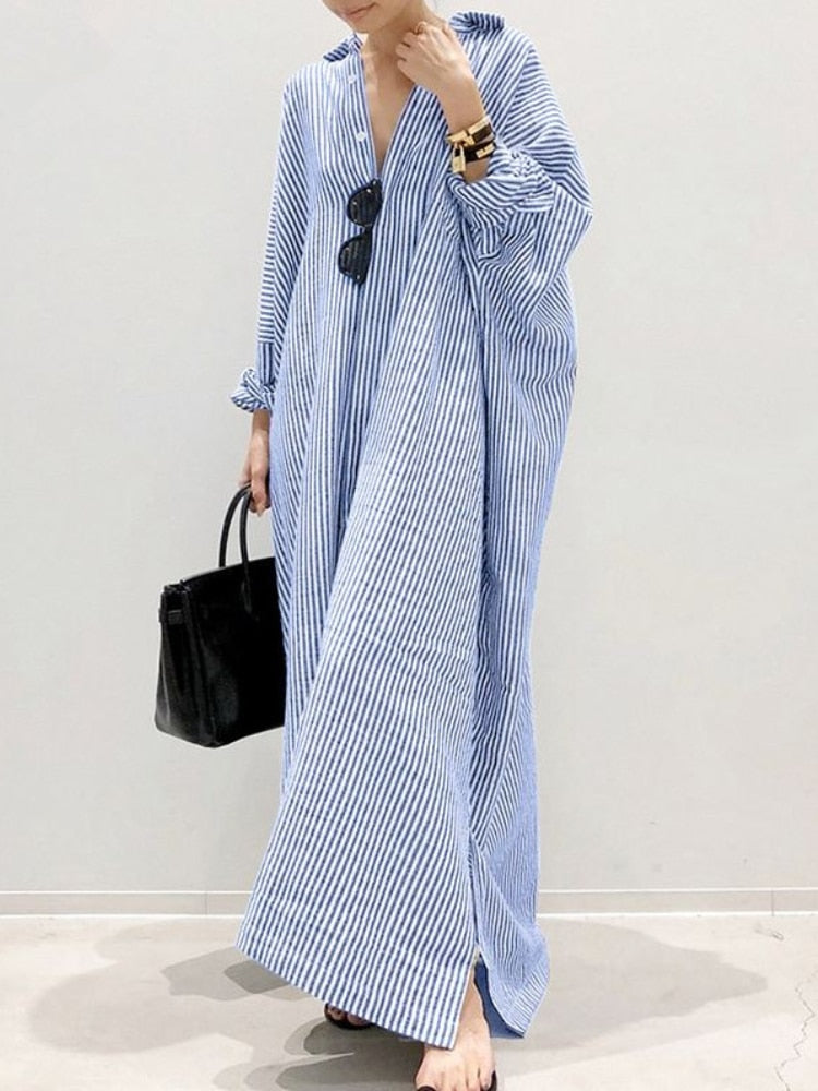 Summer New Dresses for Woman Fashion Striped Cardigan Loose Large Casual Temperament Commuter Irregular Women's Long Dress Tops