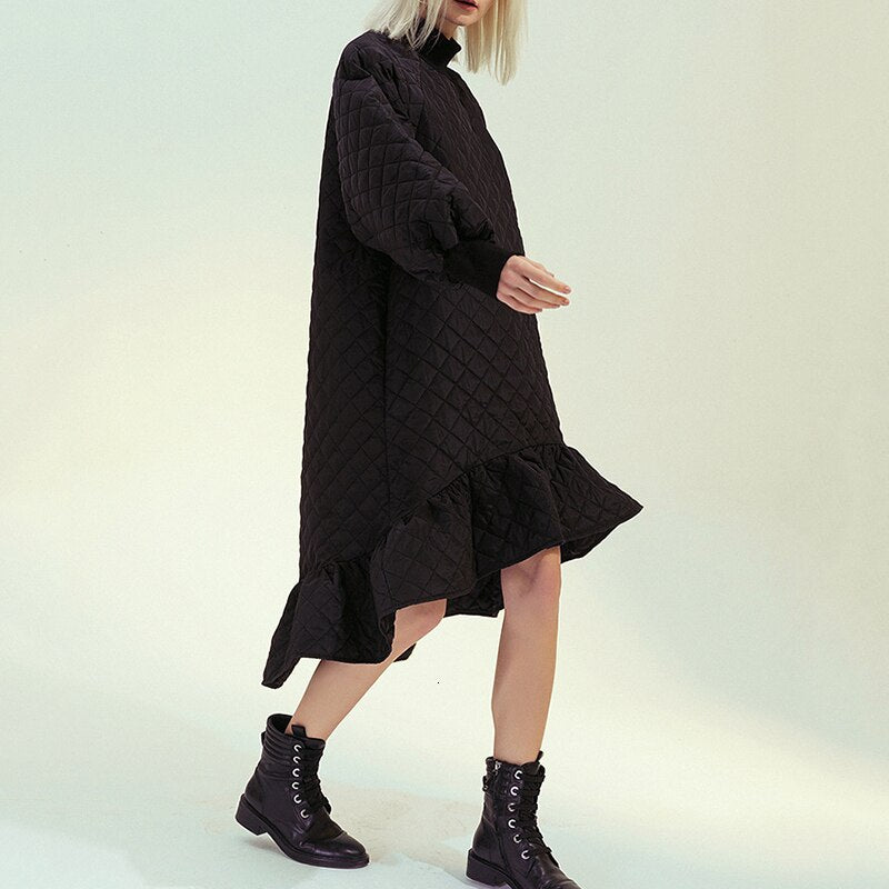 See Beautiful New Fashion Spring Simple Turtleneck Long Lantern Sleeve Warm Stitching Loose Fishtail Dress Woman