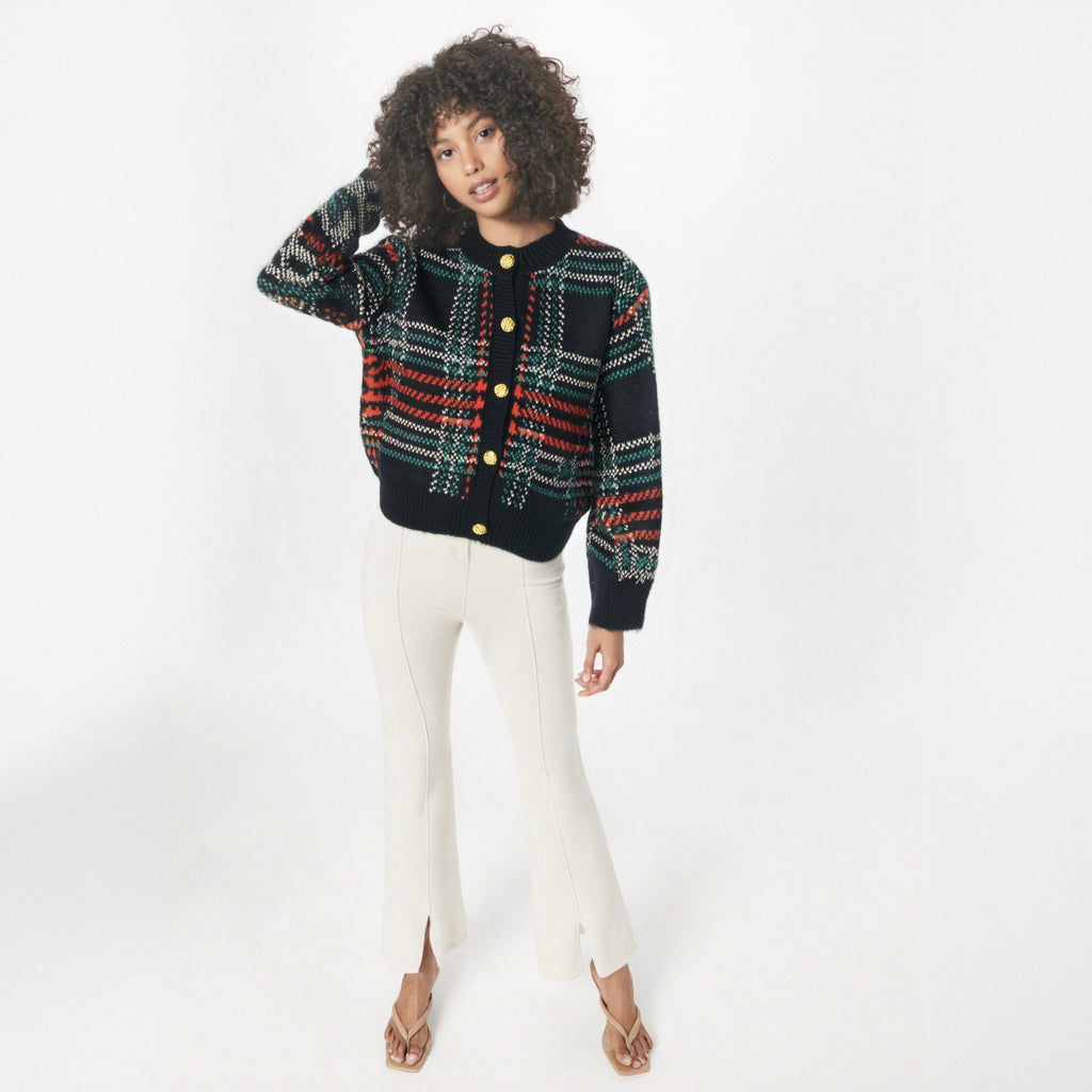 Korea Vintage Knitted Autumn Sweater Coat Women Striped Plaid Print Knitwear Ladies Cropped Cardigans Casual Loose Woman Tops