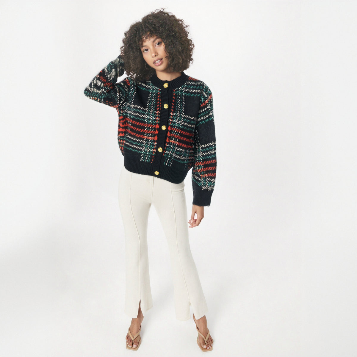 Korea Vintage Knitted Autumn Sweater Coat Women Striped Plaid Print Knitwear Ladies Cropped Cardigans Casual Loose Woman Tops