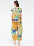 Woman Pleated Printing 2 Pieces Set Print Short Sleeve O Neck T Shirt And Casual Lose Harem Pants
