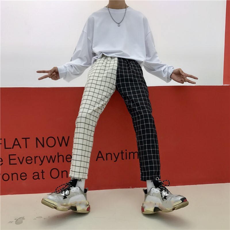 Fashion Vintage Plaid Patchwork Pants Harajuku Woman Man Trousers Elastics High Waist Pants Korean Causal Straight Pants