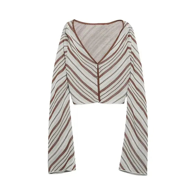 Woman Vintage Striped High Waist Long Skirts Women Elegant Chic V-Neck Long Sleeves Buttons Cardigan Tops