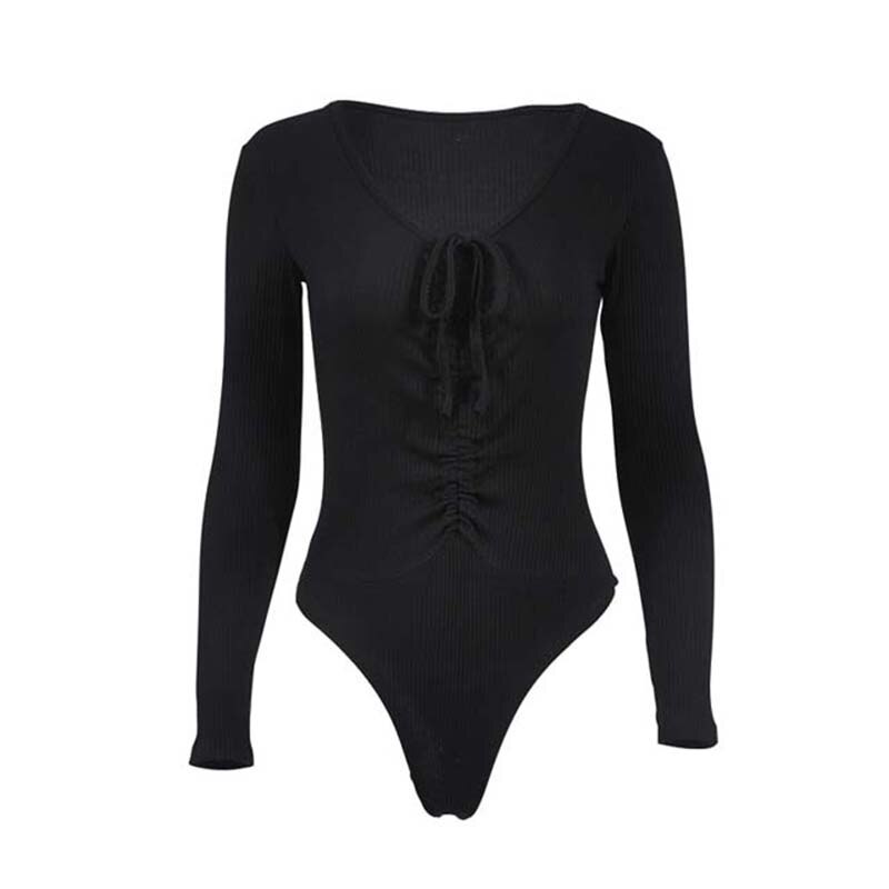 Spring Knitted Bodysuit Women Lace Up Long sleeve Sexy Bodysuits Slim Bodycon Jumpsuit Woman V-Neck Jumpsuit Ladies Clothes