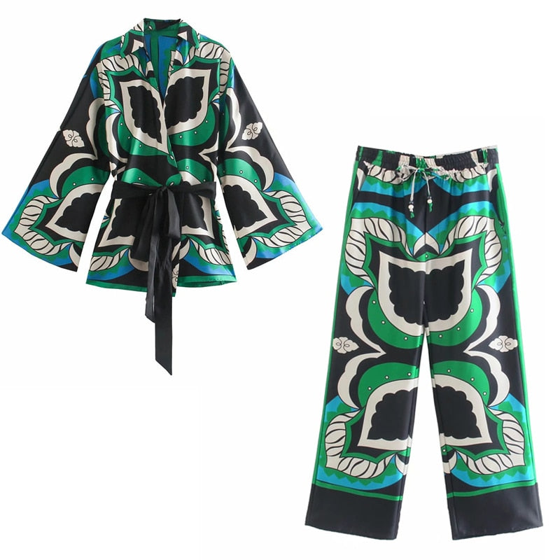 TRAF Za Bermuda Shorts Woman Summer  Green Print High Waist Short Pants Women Vintage Loose Casual Streetwear Shorts Sets