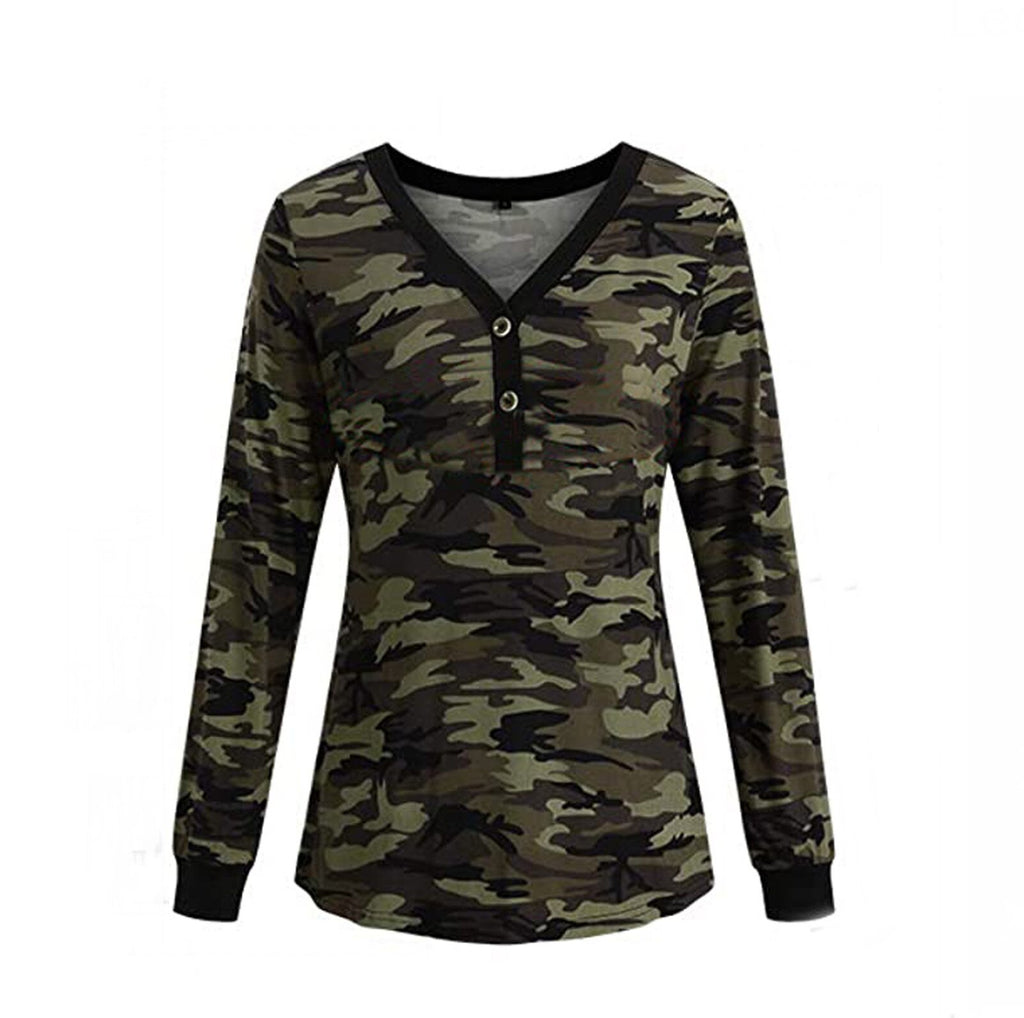 Fashion Woman Tshirts Camouflage Print Grain V-Neck T Shirt Button Causal Long Sleeve Ladies Tops Loose Mujer Camisetas