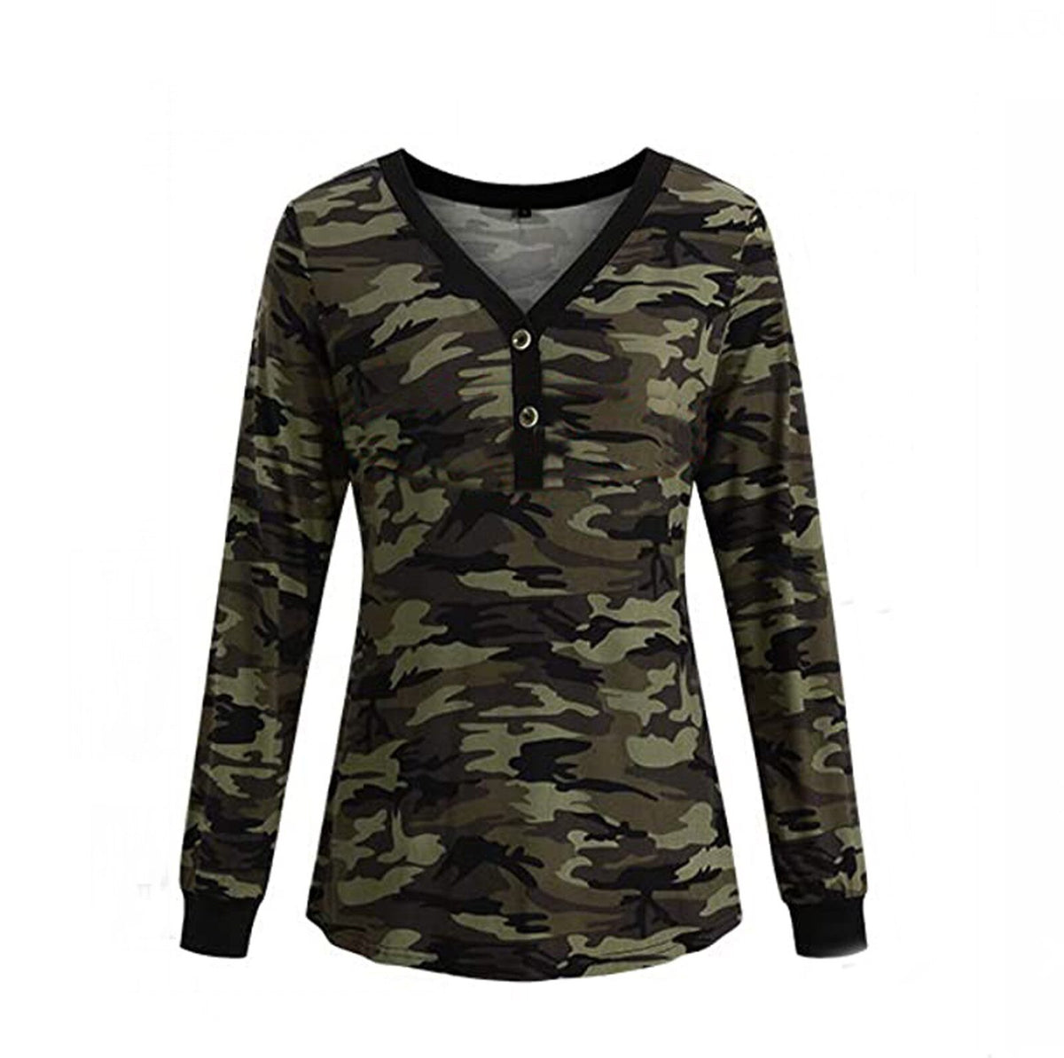 Fashion Woman Tshirts Camouflage Print Grain V-Neck T Shirt Button Causal Long Sleeve Ladies Tops Loose Mujer Camisetas