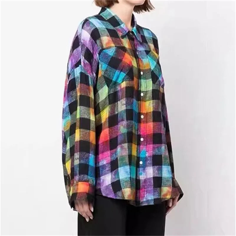 Fashion Woman Blouse  Autumn New Rainbow Plaid Women's Shirt Washed Old Pure Cotton Long Sleeved Top Loose And Thin Coat