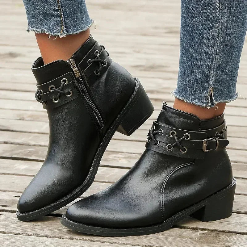 Women Ankle Boots Autumn Winter New Pu Leather Short Boots Woman Side Zipper Thick Heeled Rivet Leather Boots Pus Size
