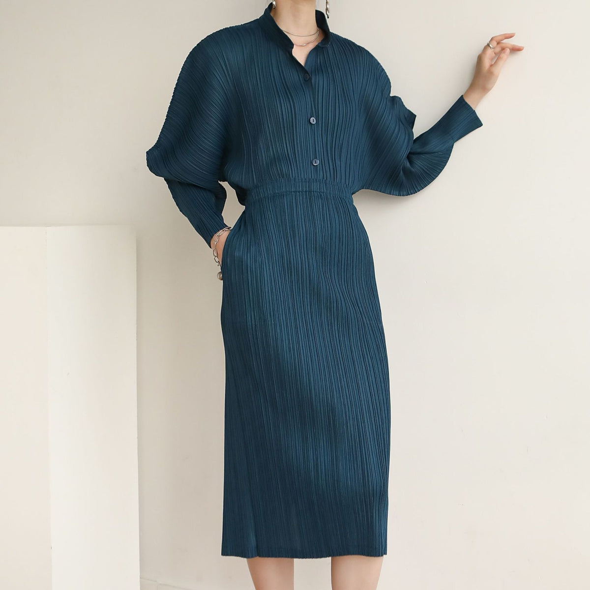Woman Suit Solid Pleated Stand Collar Garment Horn Sleeve Shirt + High Waist Skirt Slim Casual Style Autumn