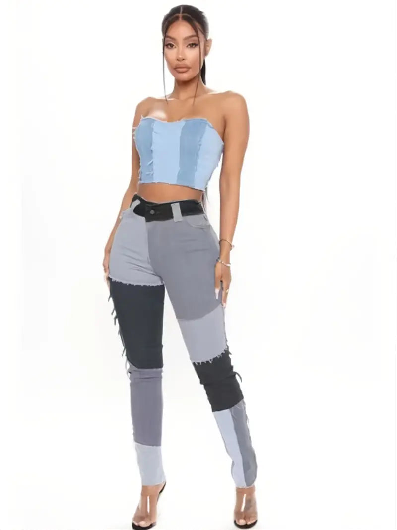 High Rise Patchwork Skinny Jeans with Slash Pockets