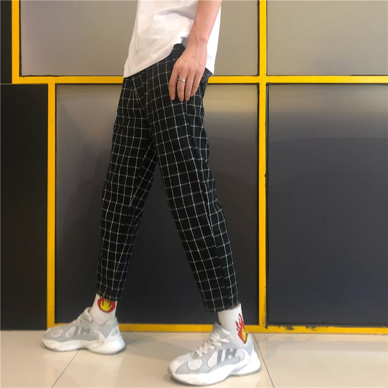 Fashion Vintage Plaid Patchwork Pants Harajuku Woman Man Trousers Elastics High Waist Pants Korean Causal Straight Pants