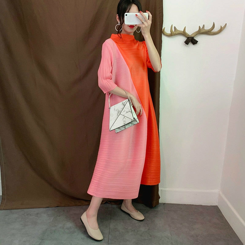 Blue One-neck Collar Seven-point Sleeve Contrast Pleats Loose Plus Woman Dress Casual Fashion Autumn New