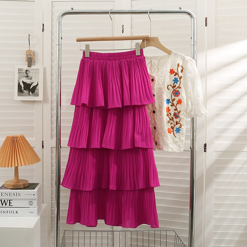 Woman Clothes New  Spring Summer Korean Medium Long Pleated Cake Skirt Fashion Ladies Solid Versatile Office Skirts Korean