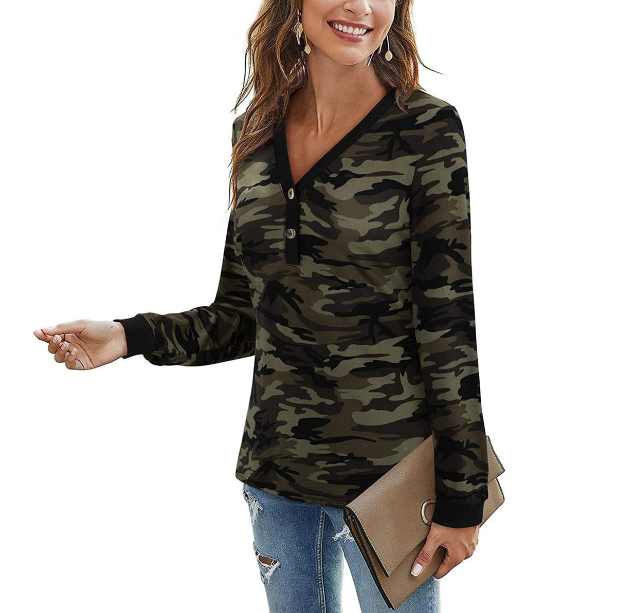 Fashion Woman Tshirts Camouflage Print Grain V-Neck T Shirt Button Causal Long Sleeve Ladies Tops Loose Mujer Camisetas