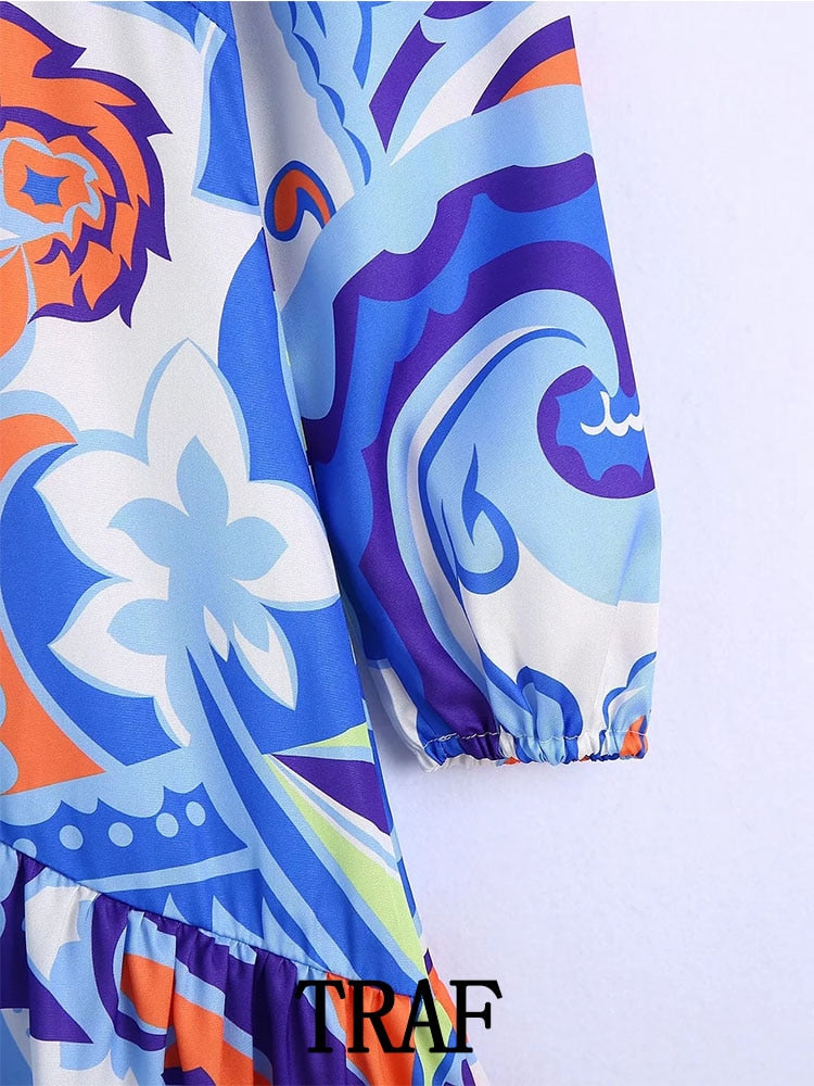 Women Printed  Shirt Dress Vintage Mini Dress Woman Long Sleeve Short Summer Dresses V-Neck Casual Dresses